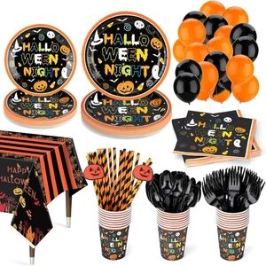 New 189pcs Halloween Party Supplies Plates, Napkins, Cups, Tablecloth Serves 24